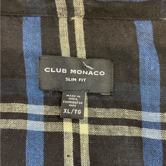 Club Monaco Navy Blue Plaid Button Up Linen Slim Fit Shirt XL - Picture 3 of 8